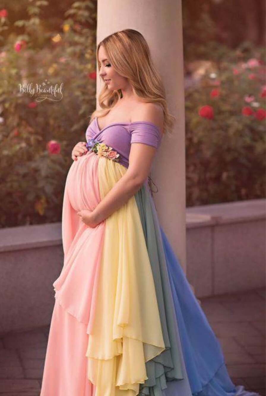 ZIUMUDY Off Shoulder Rainbow Maternity Photoshoot Gown with Floral Belt